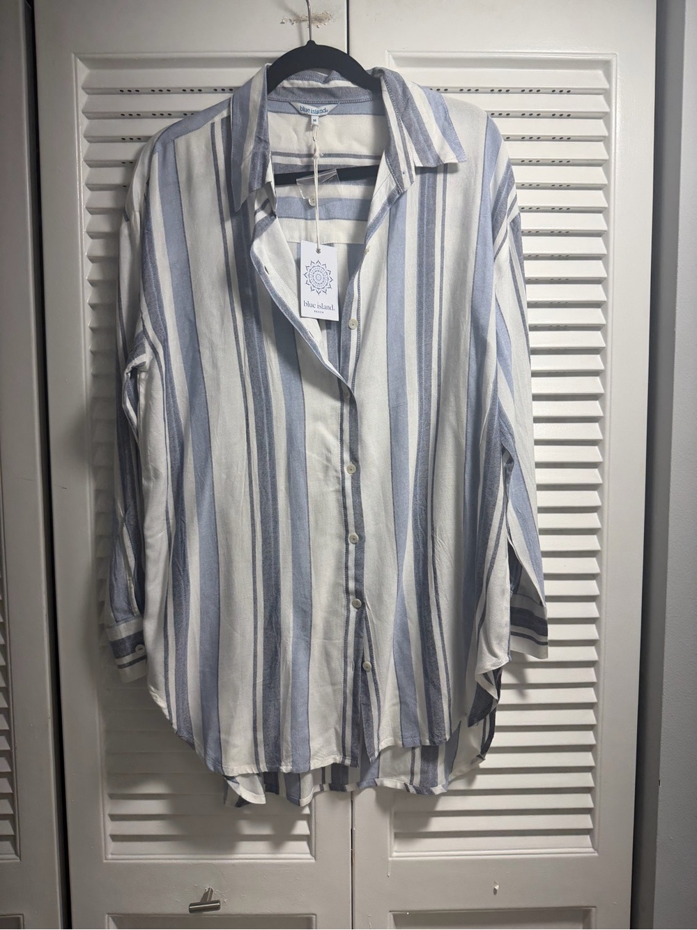 Blue Island Beach Soft Blue & White Striped Relaxed Button Shirt Cover Up NWT